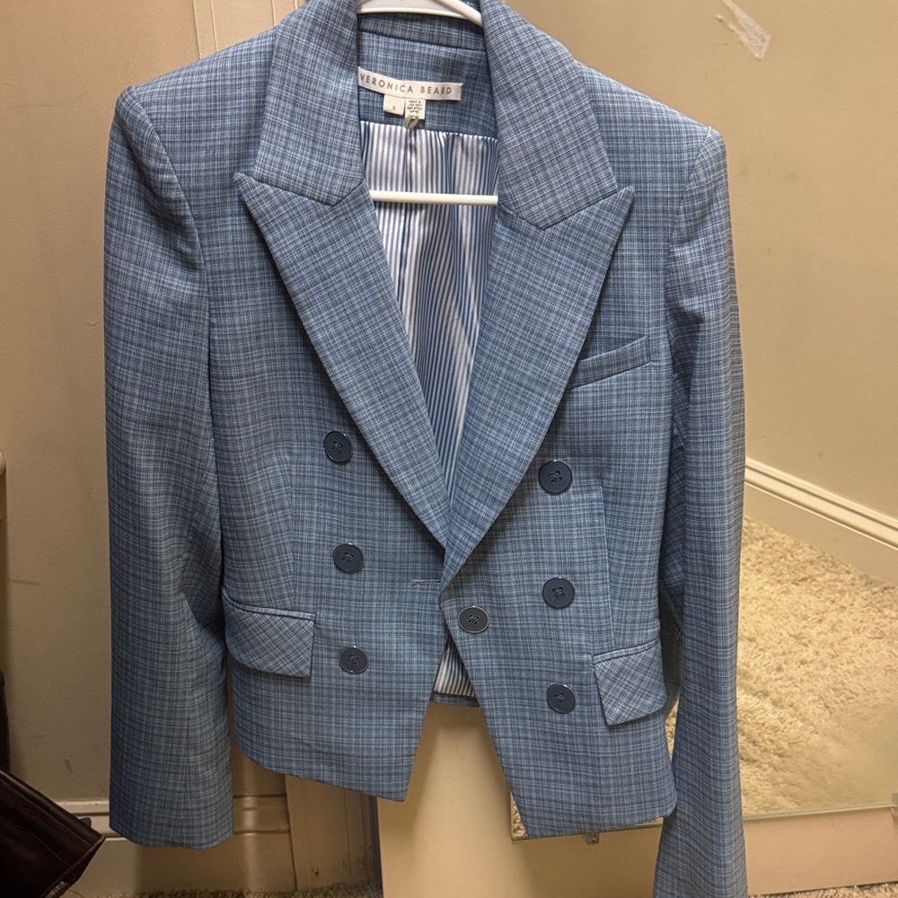 Veronica Beard Light Blue Checked Double-Breasted Cropped Blazer
